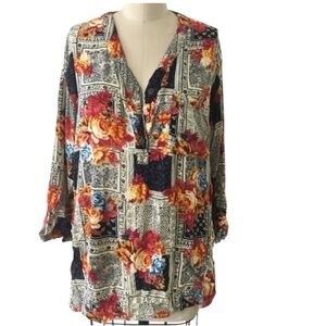0245 Rosey Tomato Vintage 1/2 button down floral top sz M
